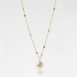 18k yellow gold Sere ndipity 緣Chinese character pendant with a white freshwater pearl on a delicate gold chain